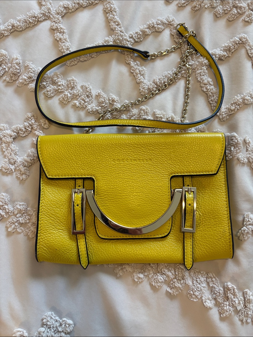 Compact Yellow Pebbled Leather Crossbody with Gold Hardware